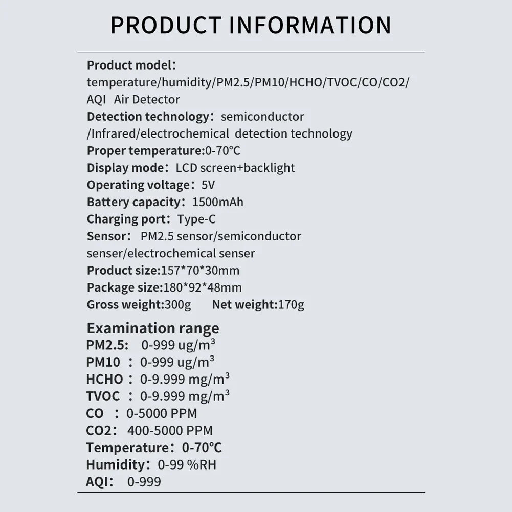 9-in-1 Air Quality Detector – Digital LCD Monitor for PM2.5, PM10, HCHO, TVOC, CO, CO2, AQI, Temperature, and Humidity