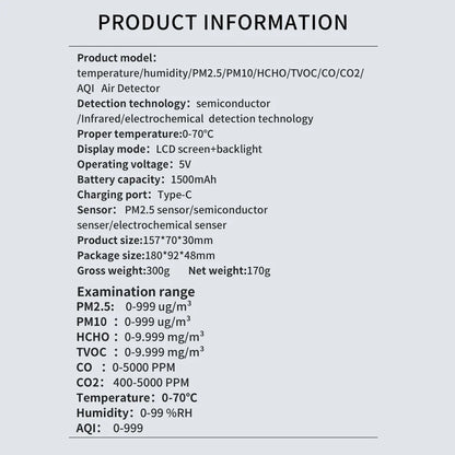 9-in-1 Air Quality Detector – Digital LCD Monitor for PM2.5, PM10, HCHO, TVOC, CO, CO2, AQI, Temperature, and Humidity