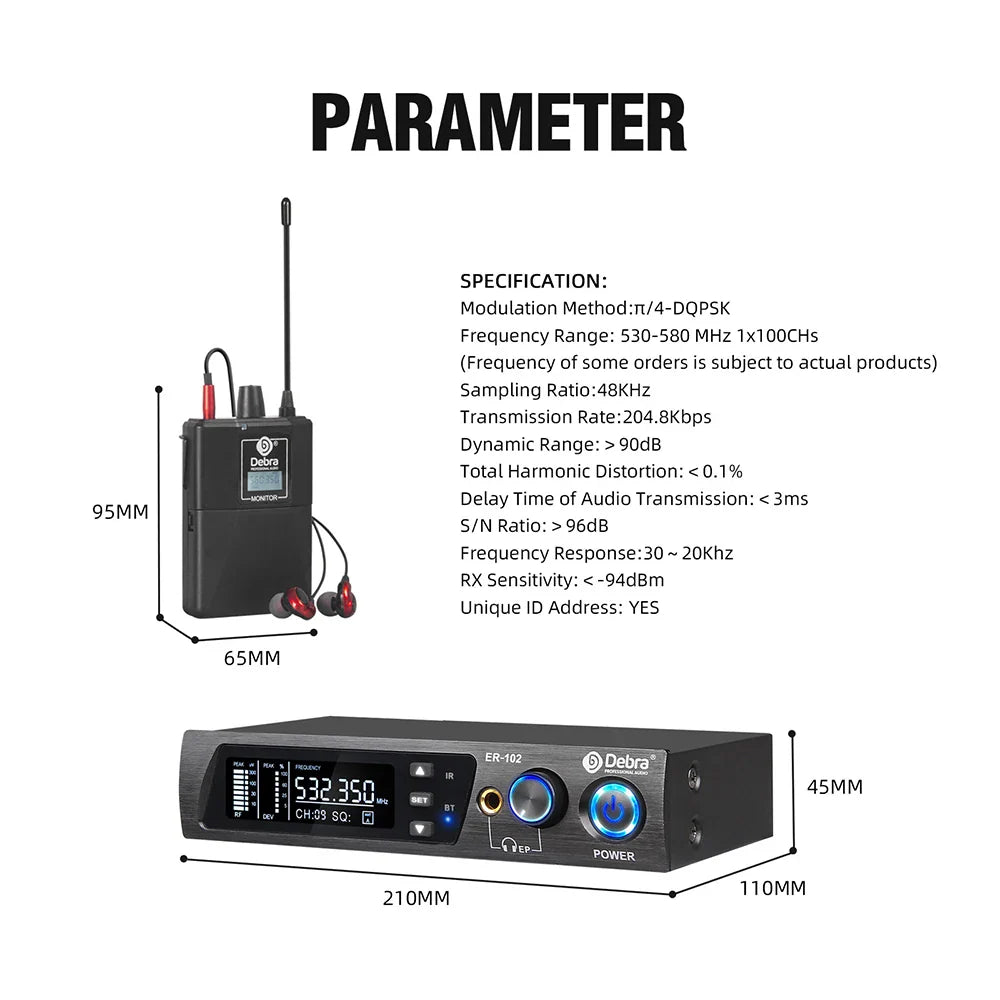 Debra ER102 UHF Wireless In-Ear Monitor System – Multiple Professional Transmitters for Small Concerts & Home Theater