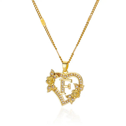 Gold Zircon Heart Initial Necklace – Stainless Steel Letter Pendant Jewelry for Women