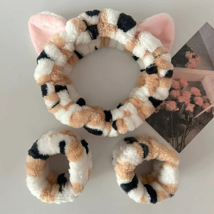 3PCS Cat Ear Plush Headband Set - Soft Face Washing Headband with Wrist Straps for Girls