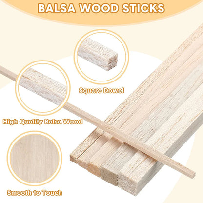 130pcs Balsa Wood Wooden Strip Craft Kit - Square Cudgel Model Toys Building Carving Handicraft DIY Accessories - Balsa Stick Set