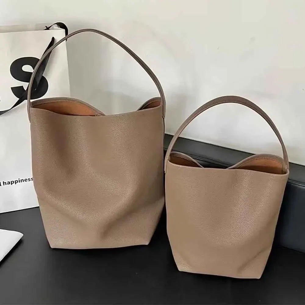 Motingsome Soft Cowhide Women's Bucket Bag – Elegant French Style, Large Tote, Luxury Thick Real Leather, 2022