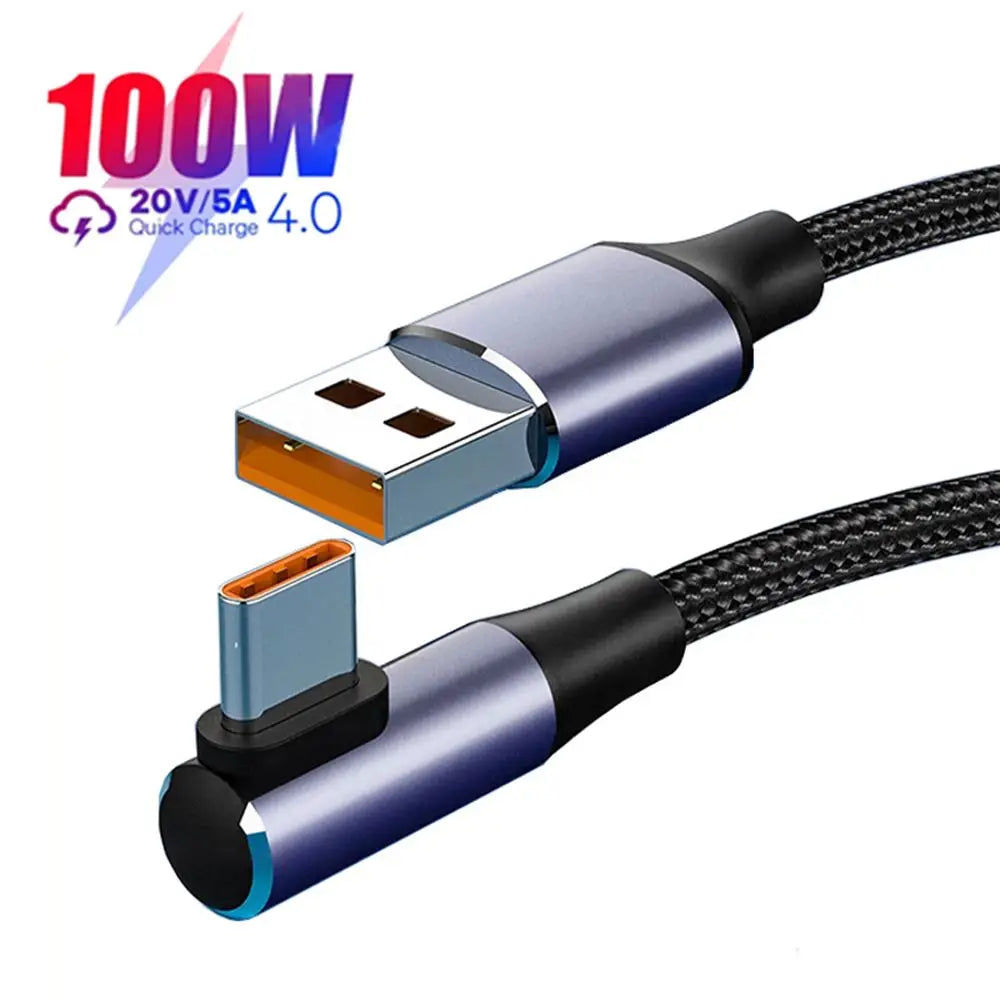 100W PD Fast Charging Cable – USB-A to USB-C 4.0 Right Angle 90° Data Cable for Laptop & Mobile Phone