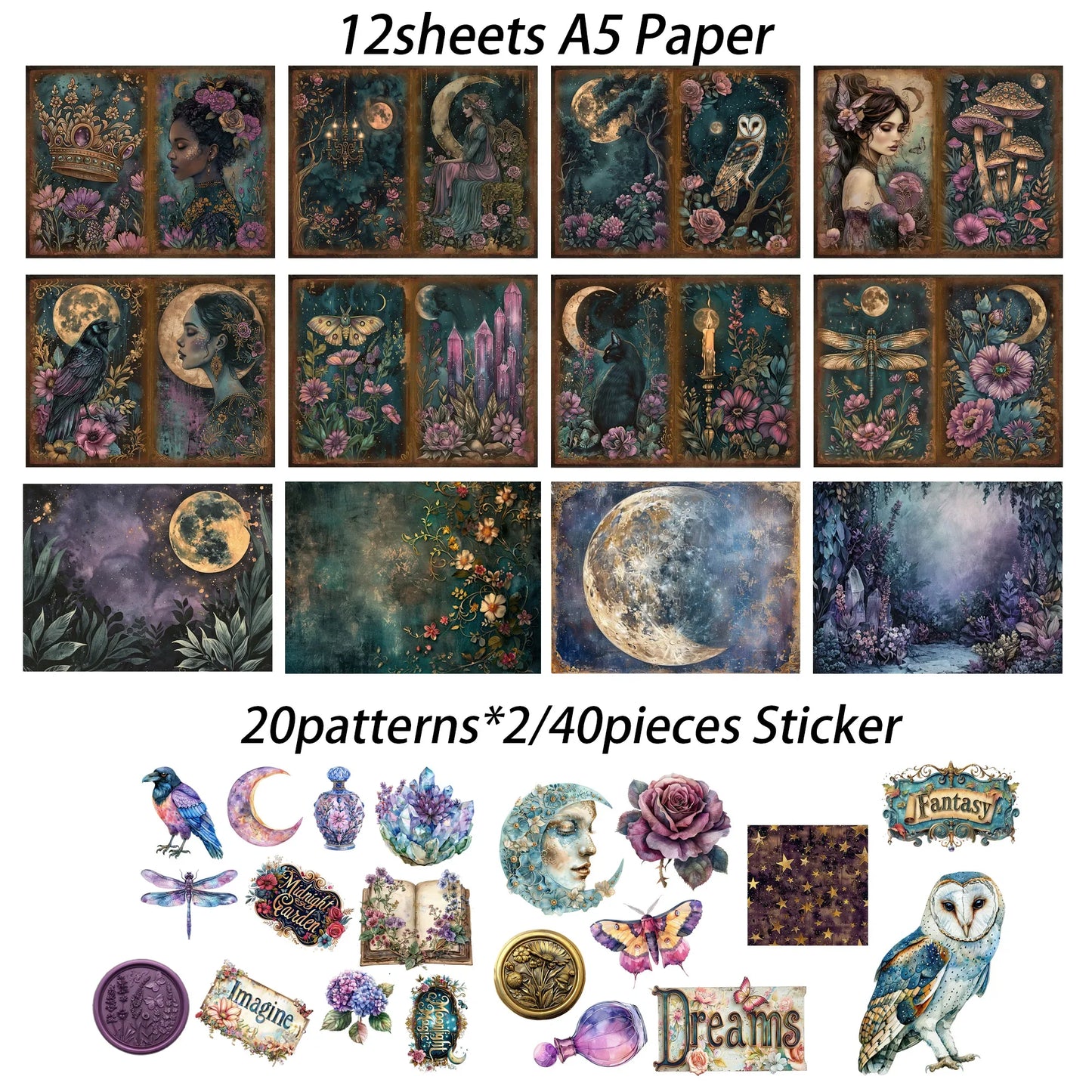 52 Piece Gothic Midnight Garden Scrapbook Set - Background Paper Pads & Stickers for Crafts, Holidays & Parties