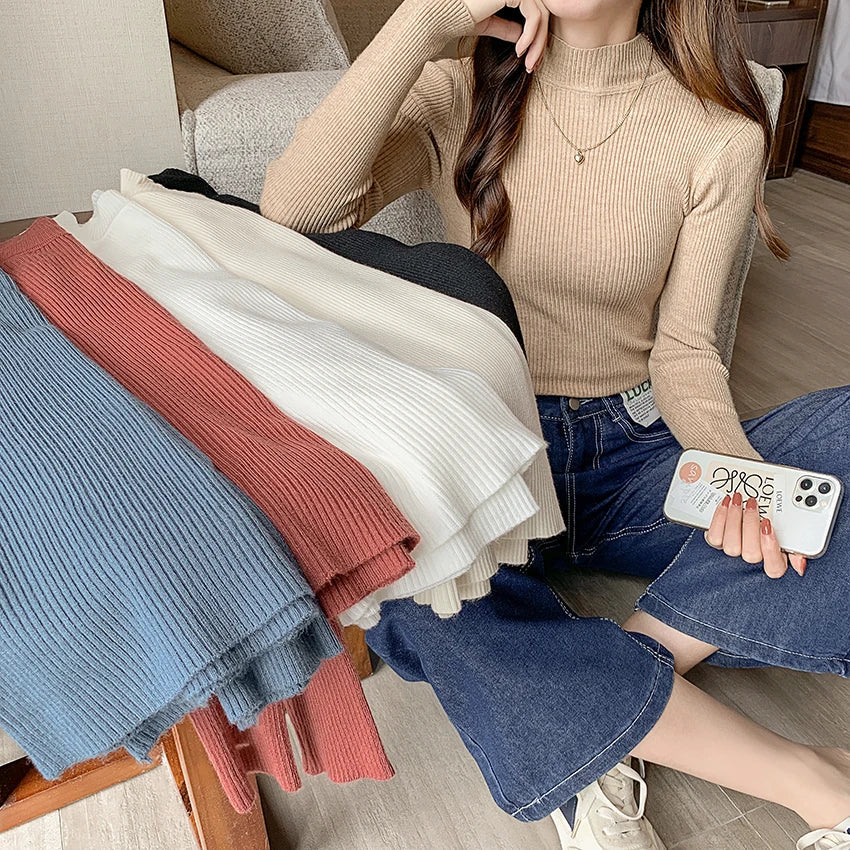 Autumn Winter Women's Mock Neck Sweater - Vintage Solid Knitted Casual Slim Pullover, Chic Korean Jumper Tops