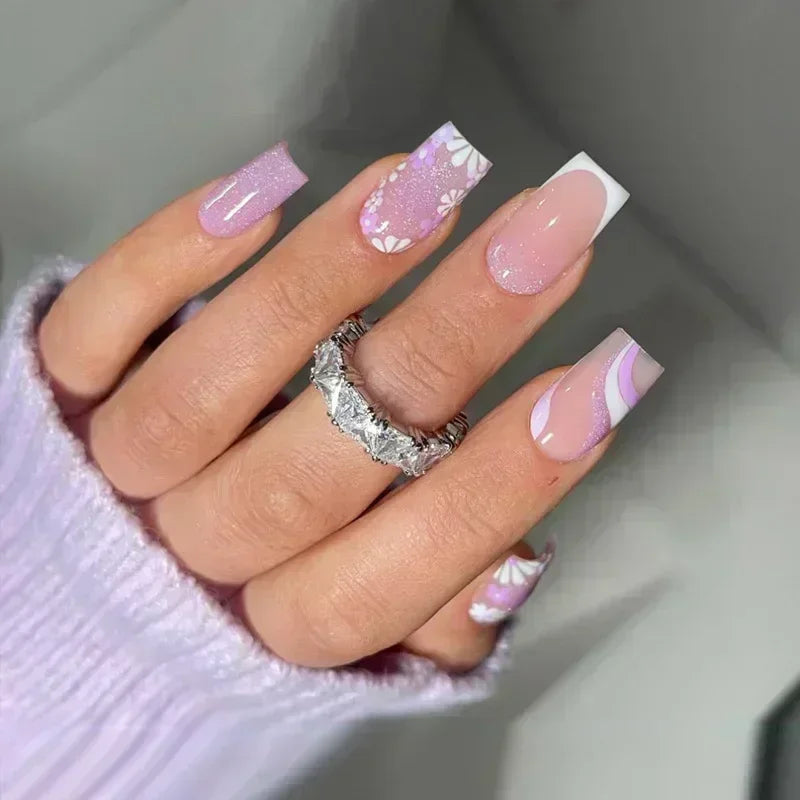 24PCS Short Square Coffin False Nails – French Glitter Acrylic Press-On Nail Tips with Glue, Wearable Fake Nails Set