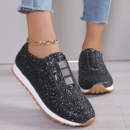 2024 Autumn Women’s Slip-On Low Heel Sneakers – Gold & Silver Casual Outdoor Walking Sport Shoes