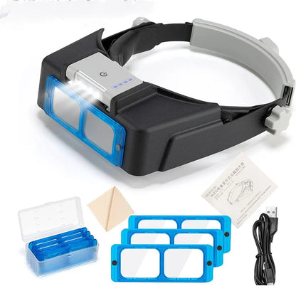 Head-Mounted Magnifying Glasses with USB Charging — 4 LED Lights for HD Reading & Battery Display