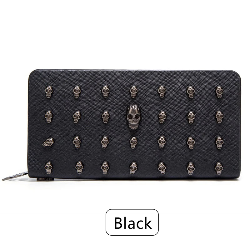 Women's Gothic Skull Head Long Wallet – Black Handheld Mobile Wallet with Wrist Strap & Card Clip