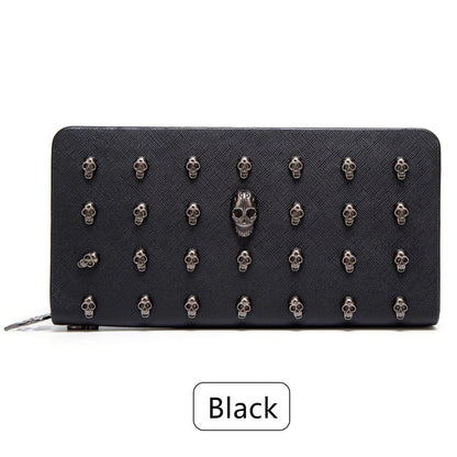 Women's Gothic Skull Head Long Wallet – Black Handheld Mobile Wallet with Wrist Strap & Card Clip