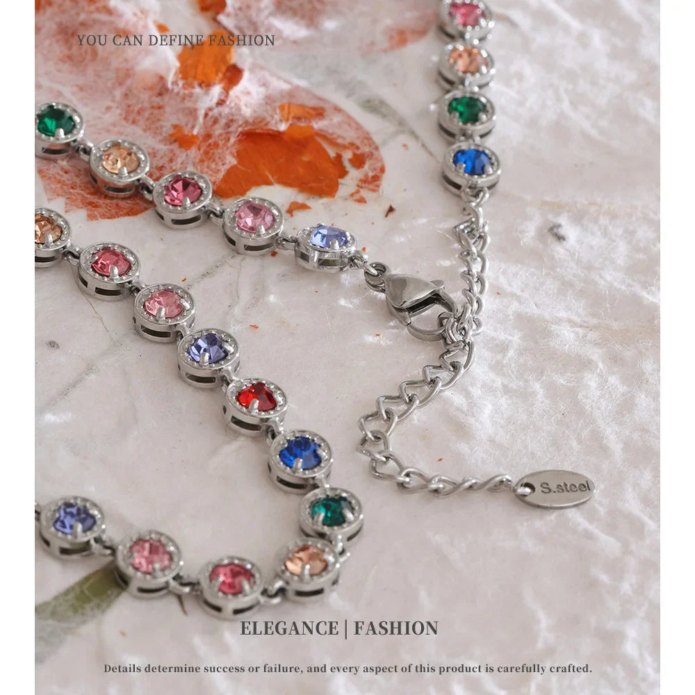 NiNice 316L Stainless Steel Jewelry Set – Colorful Cubic Zirconia Necklace and Bracelet, Exquisite Luxury Fashion Design