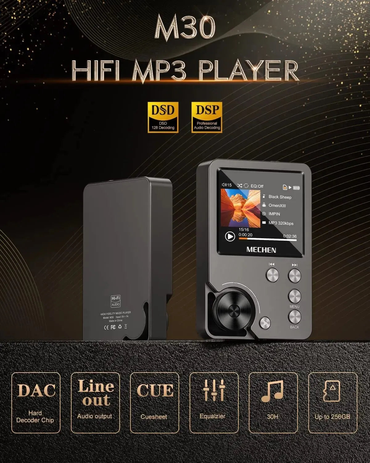 MECHEN M30 HiFi Lossless MP3 Player - 64GB Memory Card, Supports Up to 256GB