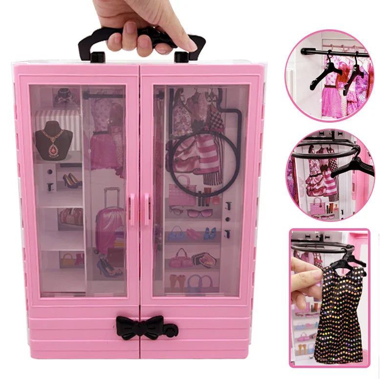 Pink Doll Wardrobe Playset with 10 Hangers – Fold-Out Portable Closet Fashion Toy Gift