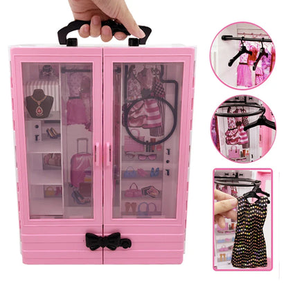Pink Doll Wardrobe Playset with 10 Hangers – Fold-Out Portable Closet Fashion Toy Gift