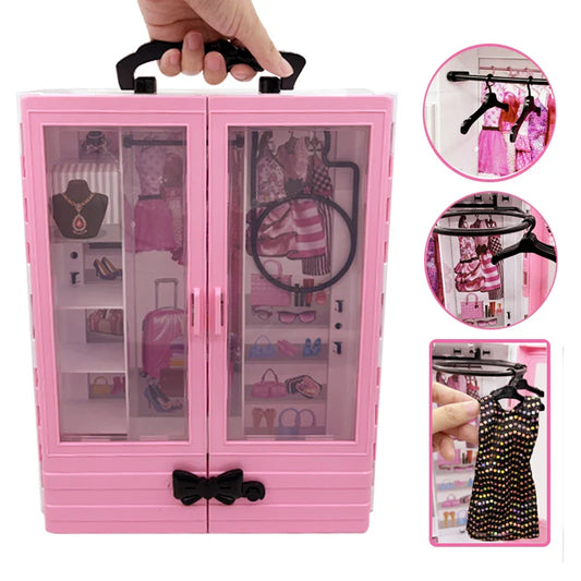 Pink Doll Wardrobe Playset with 10 Hangers – Fold-Out Portable Closet Fashion Toy Gift