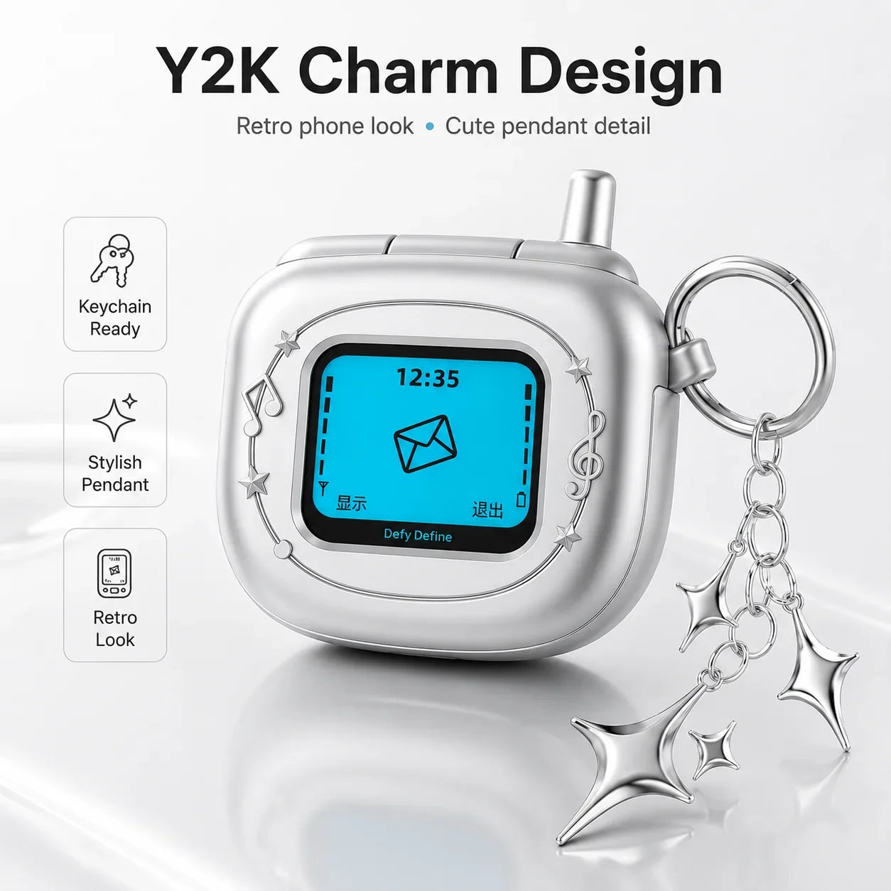 Retro Flip Phone AirPods Case - Y2K Matte Silver Earbuds Cover with Pendant Charm