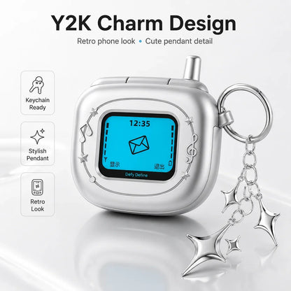 Retro Flip Phone AirPods Case - Y2K Matte Silver Earbuds Cover with Pendant Charm