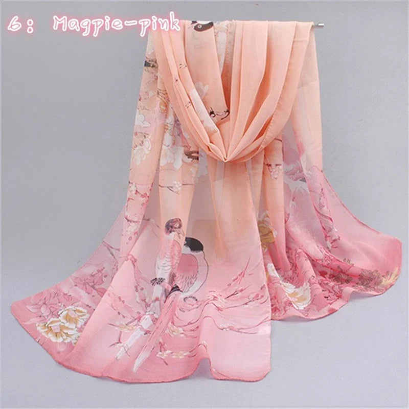 Women’s Chiffon Scarf – Long Butterflies & Branch Pattern Shawl, Elegant Versatile Retro Fashion Accessory