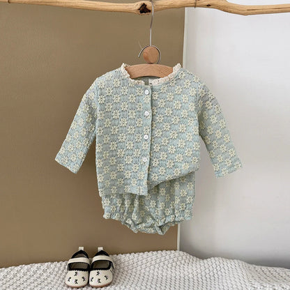 Summer European Style Baby Onesie Set – Floral Embroidery Long Sleeve Top & Shorts, Breathable 2-Piece Outfit