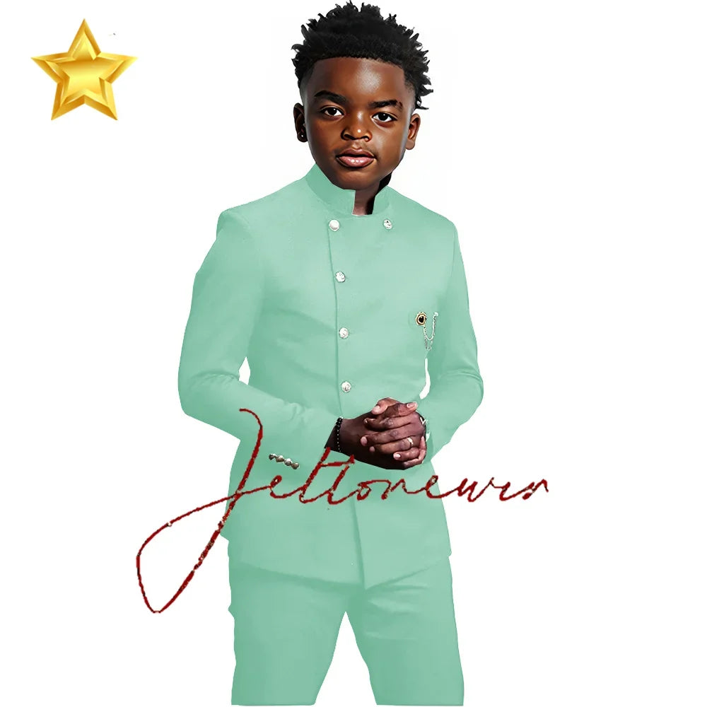 African Style Boys Suit - Stand Collar Blazer and Pants 2 Piece Casual Business Kids Formal Wear