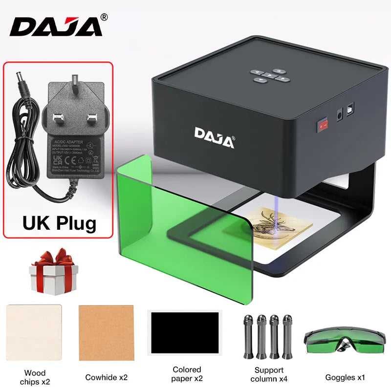 DAJA DJ6 Mini Portable Laser Engraver – DIY Bluetooth CNC Engraving Machine for Wood, Leather, Plastic, Paper & Metal Dog Tags, Logo Printing Tool
