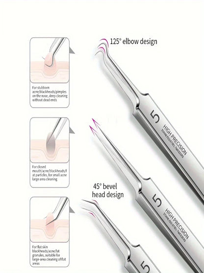 1/3/8PCS Stainless Steel Blackhead Removal Tool Set – Facial Tweezers, Acne Needles & Beauty Blackhead Removers