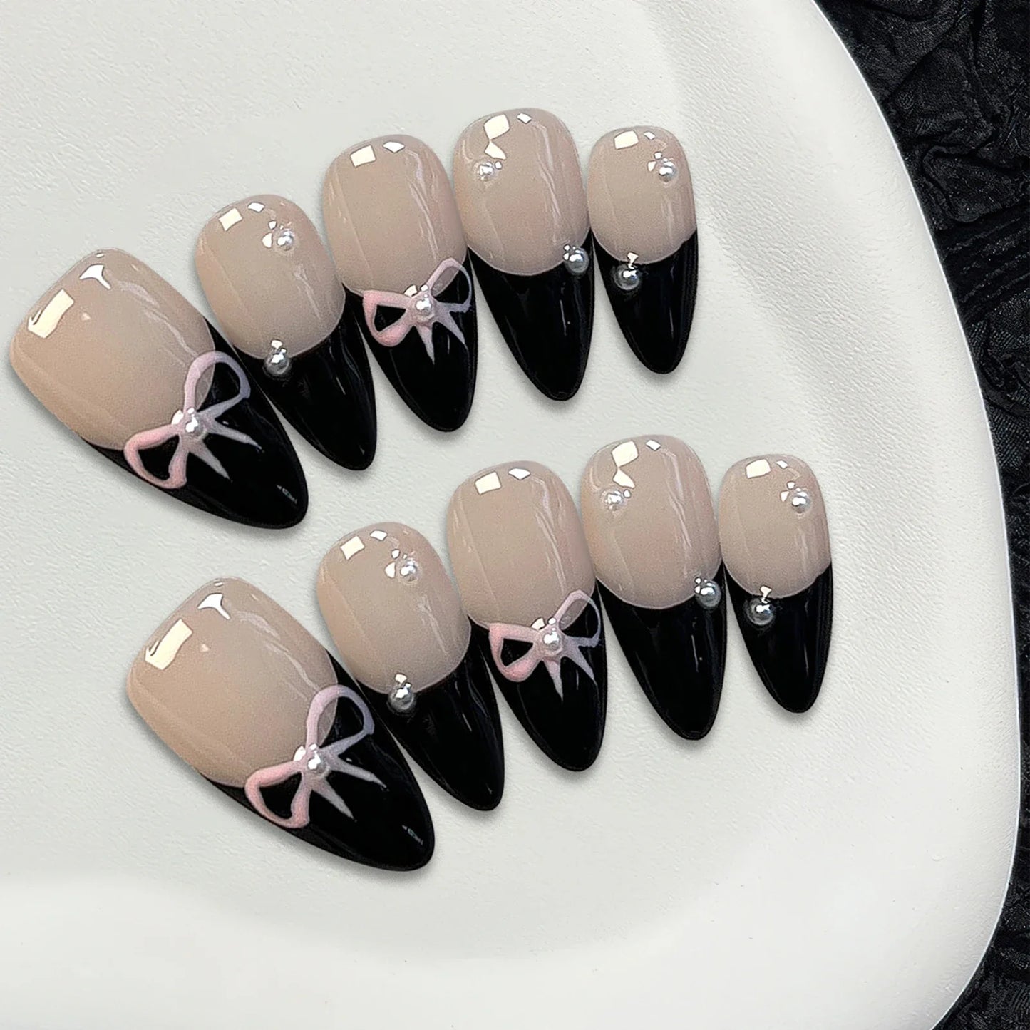 10 Pcs Black French Press-On Nails – Handmade Bowknot Design, Glossy Short Almond Fake Nails for Salon Art