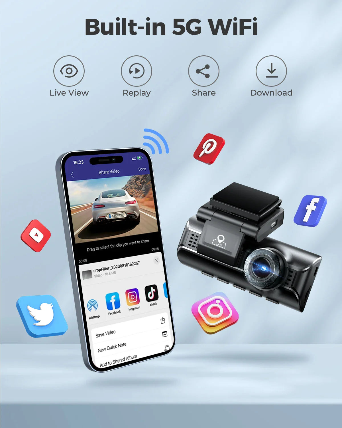 AZDOME M550 Pro 4K Car DVR Dash Cam – WiFi 5.8GHz, Front/Cabin/Rear Cameras, GPS, Night Vision & Parking Monitor