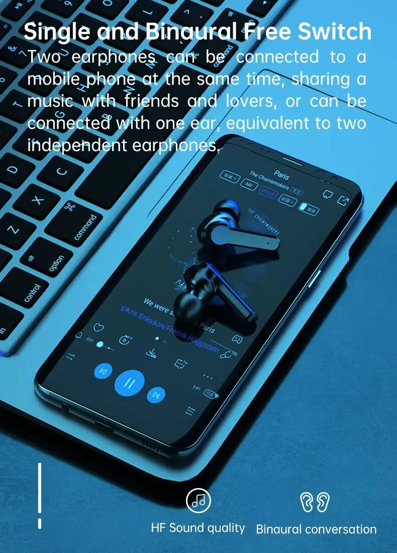 M19 Bluetooth Wireless Headset – TWS Gaming Earbuds with Noise-Cancelling, Touch Control & Mini Emergency Power Bank