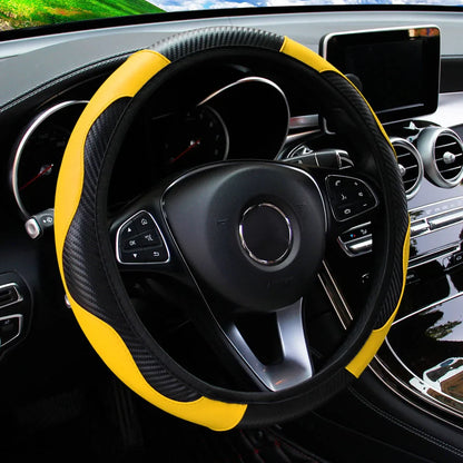 PU Carbon Fiber Leather Steering Wheel Cover — No Inner Ring, Fits 14.5-15 Inch Cars