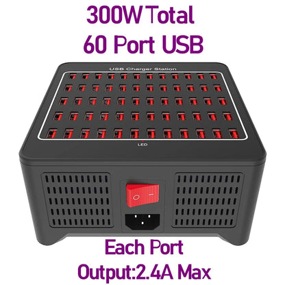 300W Universal Multi USB Charger Station – 60-Port Fast Charging for iPad, iPhone 11/12/13 Pro Max, Samsung Tablet