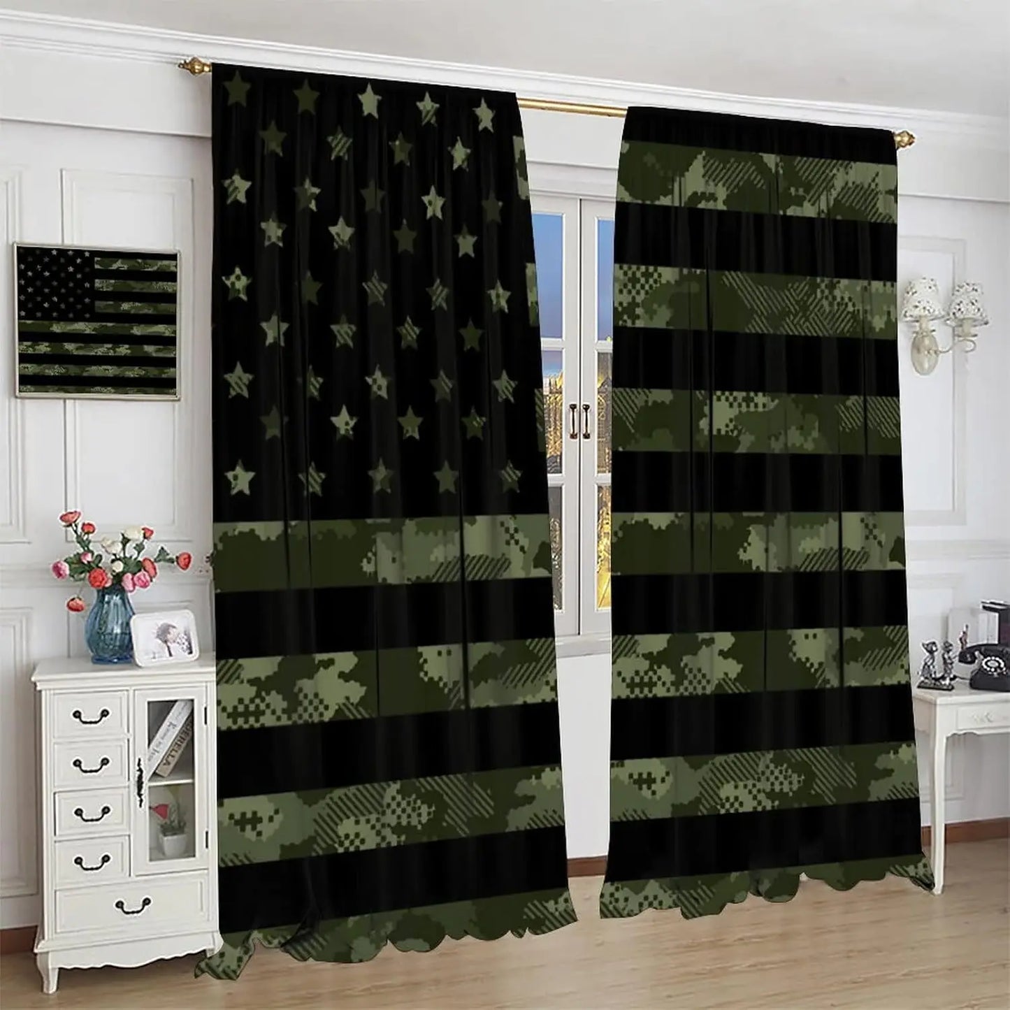 Flag Blackout Curtains – Rustic Green Camo Military USA Flag with Vintage Black Stripes and Thermal Insulation