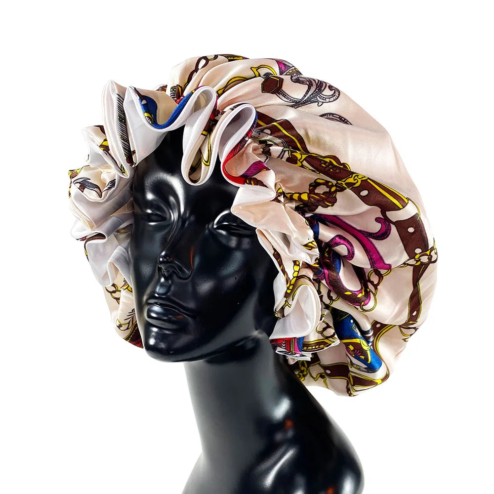 Women’s Satin Bonnet Cap – Double Layer Silky Big Bonnet, Printed Sleep Cap & Head Wrap for Ladies