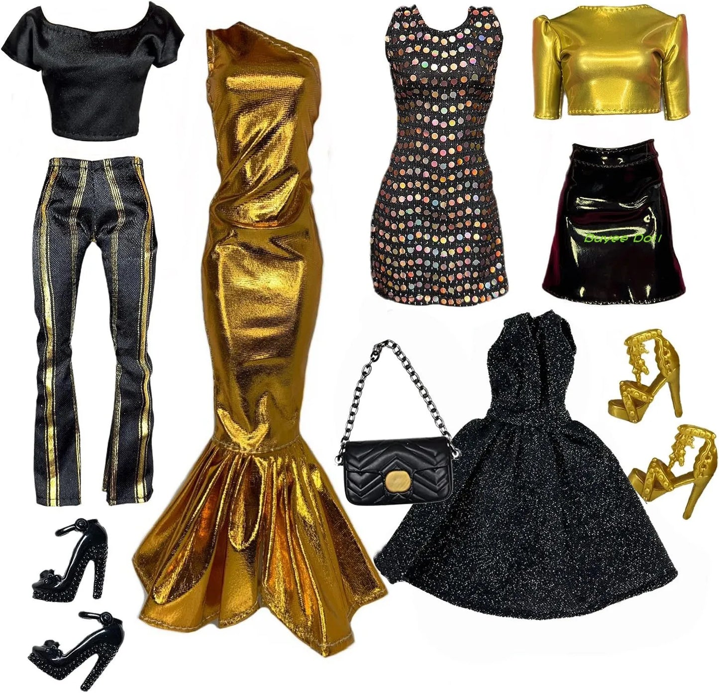 Black & Gold 30cm Doll Clothes Set – Dress & Shoes for 1/6 Barbie Dolls, Christmas Gift for Girls