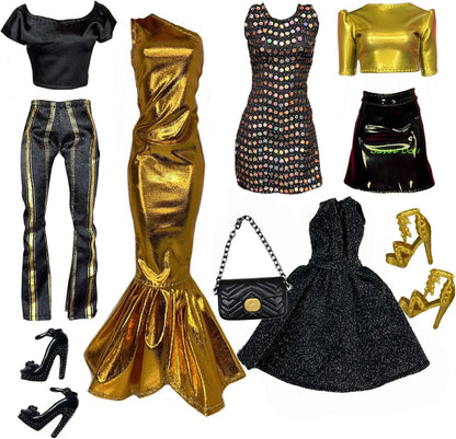 Black & Gold 30cm Doll Clothes Set – Dress & Shoes for 1/6 Barbie Dolls, Christmas Gift for Girls