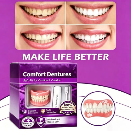 Adult Full Denture Set - Soft Silicone Upper & Lower Cosmetic Teeth for Natural-Looking Smile