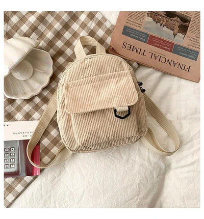 Women's Mini Backpack - Fashionable Solid Color Corduroy Casual Schoolbag with Large Capacity
