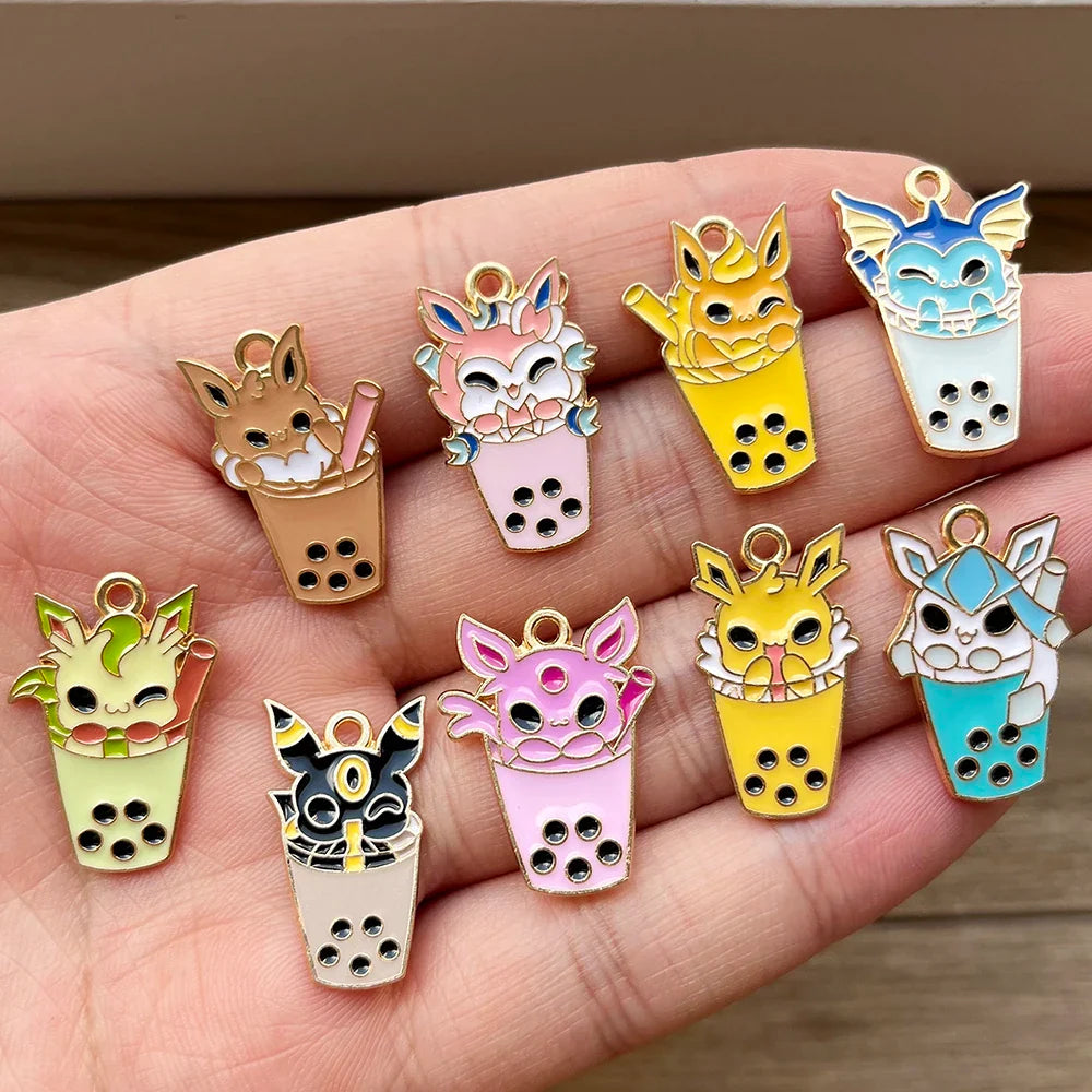 9Pcs Pokémon Pikachu Bubble Milk Tea Charm Set – Cartoon DIY Jewelry Pendants for Necklace & Bracelet Making Accessories