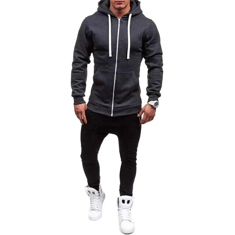 Men’s Casual Zip Hoodie – Solid Color Hooded Sweatshirt Jacket Cardigan for Spring & Autumn