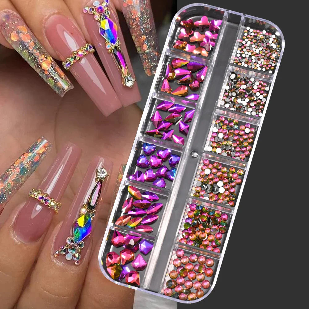 12-Grid 3D Glass AB Crystal Nail Art Rhinestones Kit – Flatback Round Beads with Tools for Nail Jewelry & Diamond Decoration