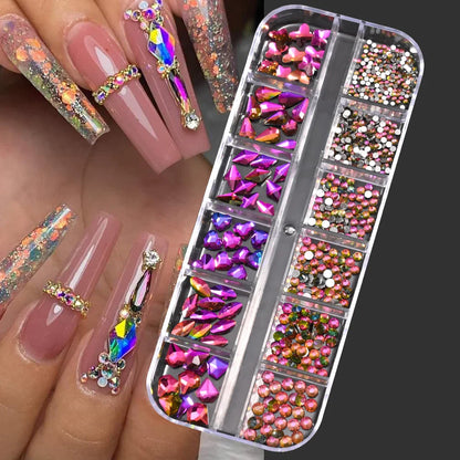 12-Grid 3D Glass AB Crystal Nail Art Rhinestones Kit – Flatback Round Beads with Tools for Nail Jewelry & Diamond Decoration