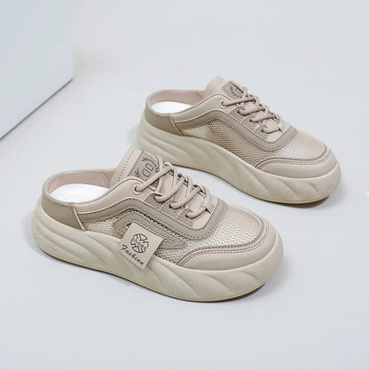 Women’s Mesh Half-Back Shoes 2024 – Thick-Soled, Round Toe Casual Sneakers, Spring Fashion Niche Footwear