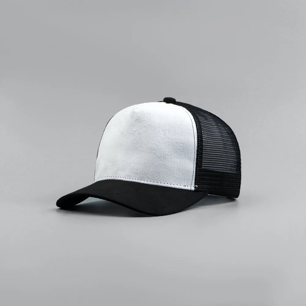 Custom Logo Suede Five Panel Cap - Leather Label Mesh Trucker Hat for Men & Women