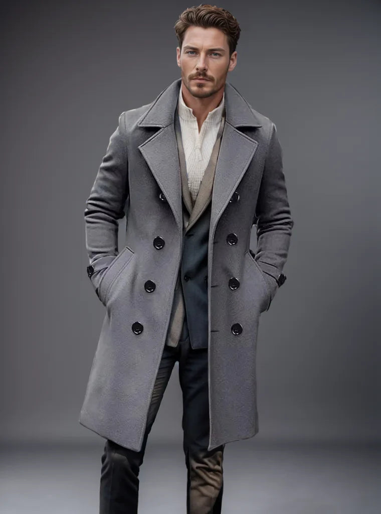 Men's Autumn & Winter Double-Breasted Casual Top Coat – Fashionable Mid-Length Coat for Men