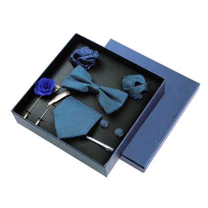 Men’s Luxury Silk Tie Set - 8cm Wedding Necktie with Bowtie, Pocket Square, Cufflinks & Floral Gift Box Accessories