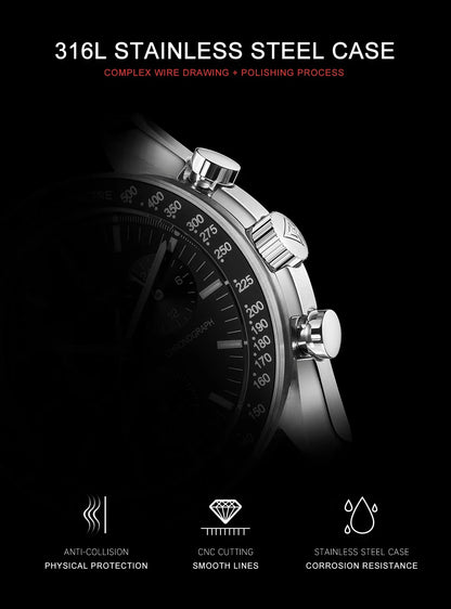 CADISEN Men's Luxury Watch – Quartz VK68 Chronograph, Sapphire AR Crystal, Canvas Strap Speed Style Wristwatch