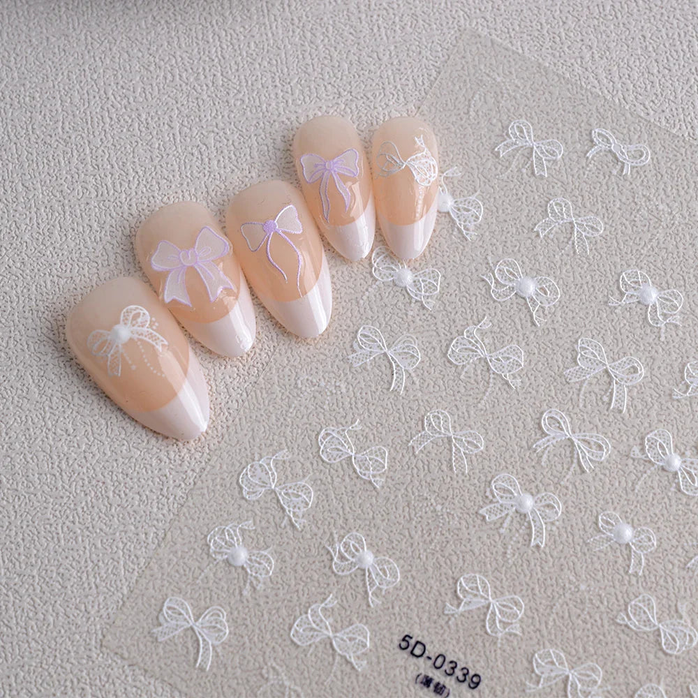 5D White Lace Bowknot Nail Art Stickers – Self-Adhesive Pearl Ribbon Luxury Nail Decals for DIY Manicure Decoration