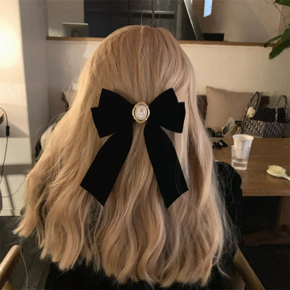 Black Velvet Bow Hair Pins – Elegant Fabric Alloy Rose Hair Clips for Women – Fashion Ponytail Barrette Headwear Accessories