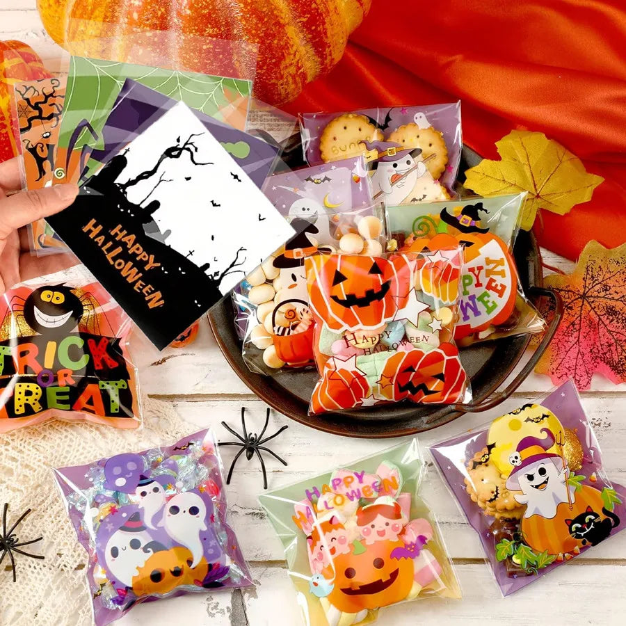 Halloween Candy Bags - Clear Self-Adhesive Treat Bags for Party Favors, Cookies & Gifts